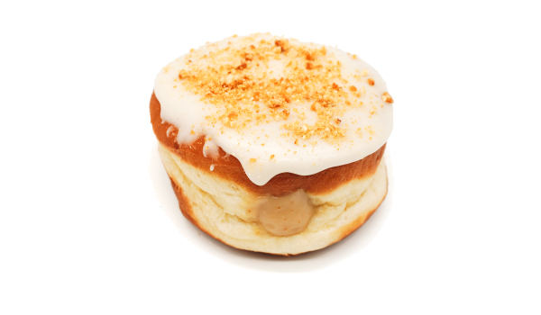 Fluffernutter doughnut - Filled with peanut butter pastry cream, dipped in a marshmallow glaze, and topped with salted peanut brittle