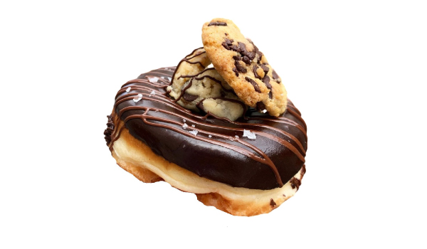 Cookie Dough is dipped in a dark chocolate glaze and topped with homemade chocolate chip cookie dough and flaked sea salt