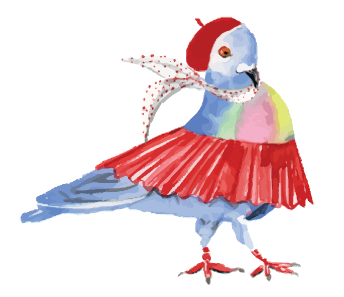Voila Vegan pigeon with a beret and red skirt and scarf
