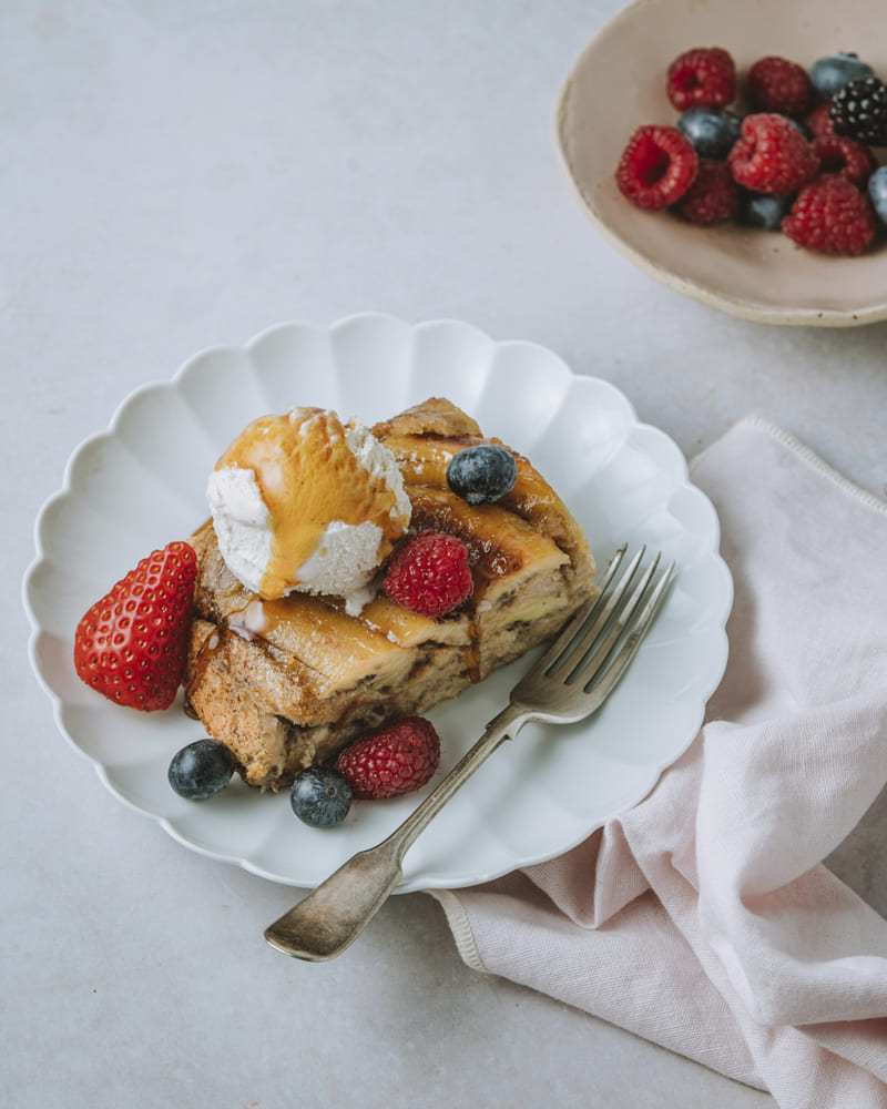 Banana tarte tatin toast with berries