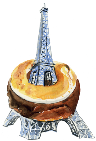 Watercolor of the Eiffel Tower with a donut around it