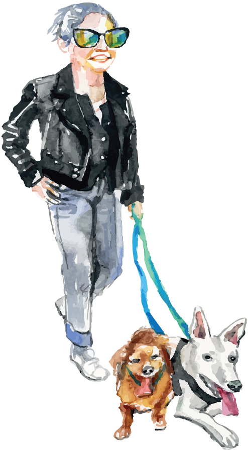 Watercolor drawing of Amanda in sunglasses walking her two precious dogs